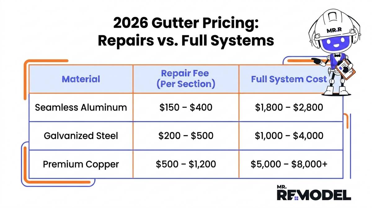 A 2026 gutter pricing table comparing repair fees and full replacement costs for aluminum, steel, and copper.